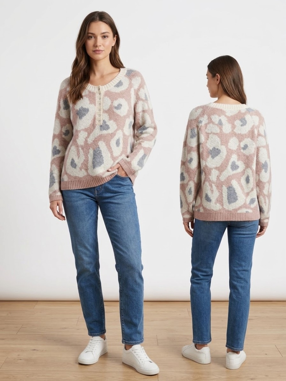 entro Scoop-Neck Henley Sweater in Blush, Ivory & Gray